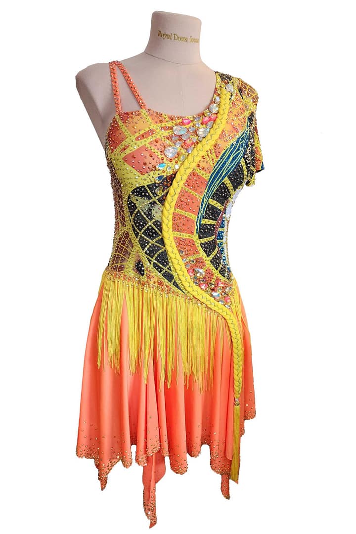 Solar Flame Latin dress 3/4 view orange skirt with yellow fringe movement and jeweled bodice