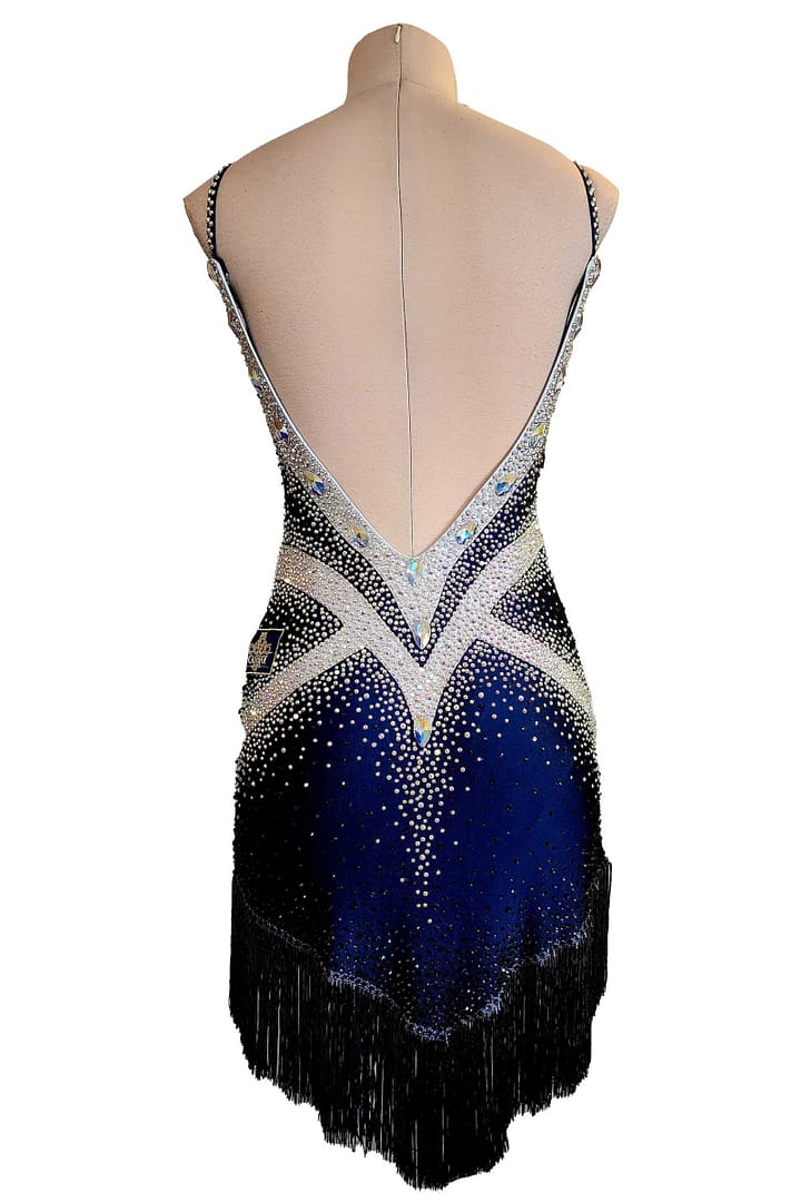 Arlan Latin dress — back view — low V-back navy Latin dress with crystal trim and a skirt of dense, black dangling fringe.