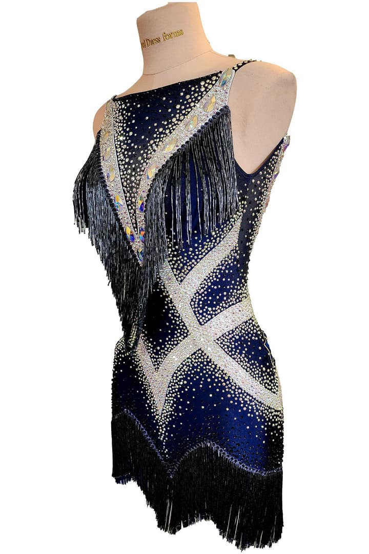 Arlan Latin dress — side view — sleeveless, heavily stoned Latin gown featuring a criss-cross crystal design on the bodice.