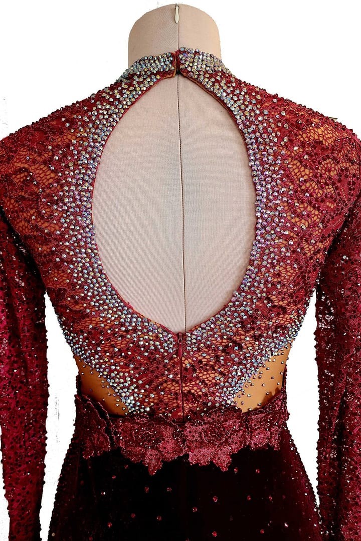 Bora Latin Dress - Back closure detail - oval open back with red lace and AB crystal border.