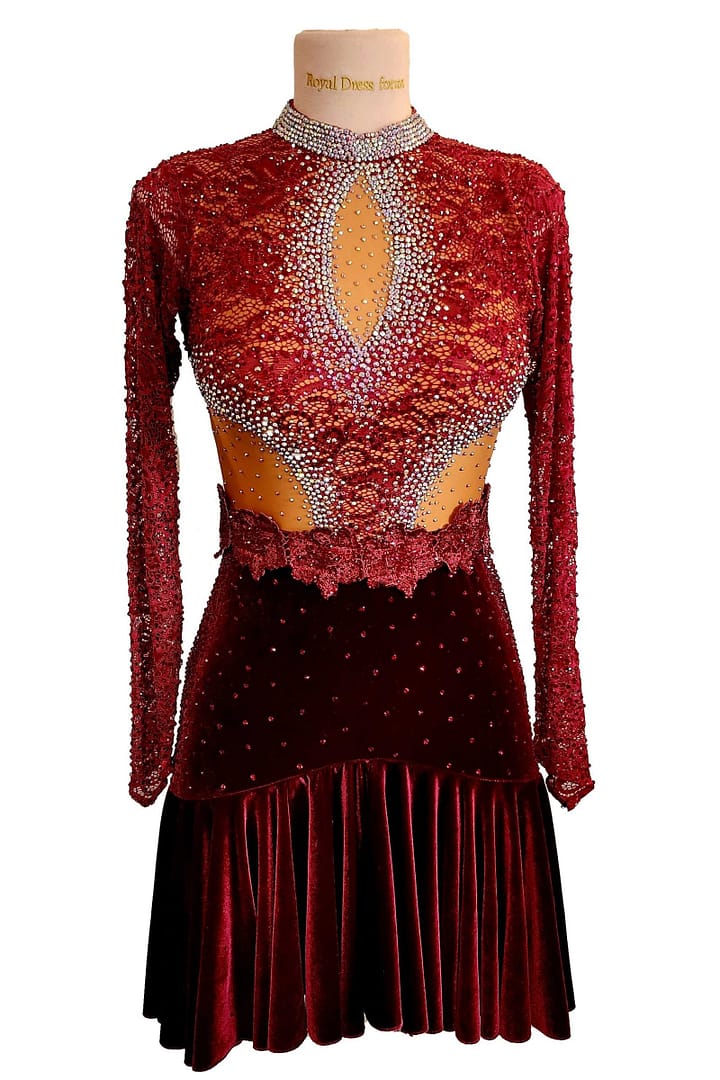 Bora Latin Dress - front view - long sleeve velvet and red lace gown with keyhole cutout.