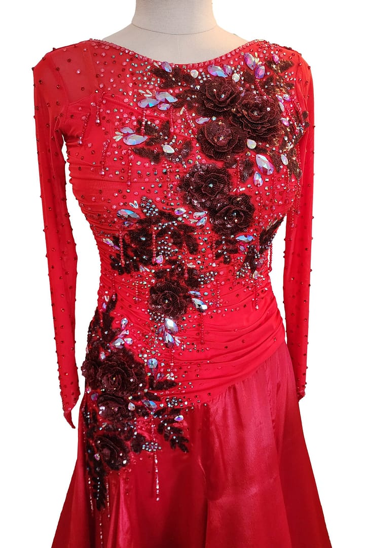 Brielle ballroom gown — bodice detail — red 3D floral appliqué with hand-applied crystals
