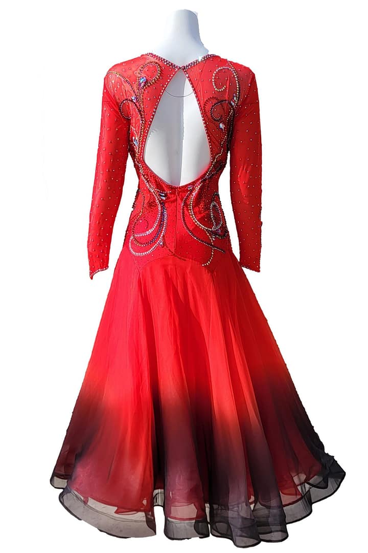 Kalaida ballroom gown — back view — open-back design with crystal appliqué and ombré ballroom skirt