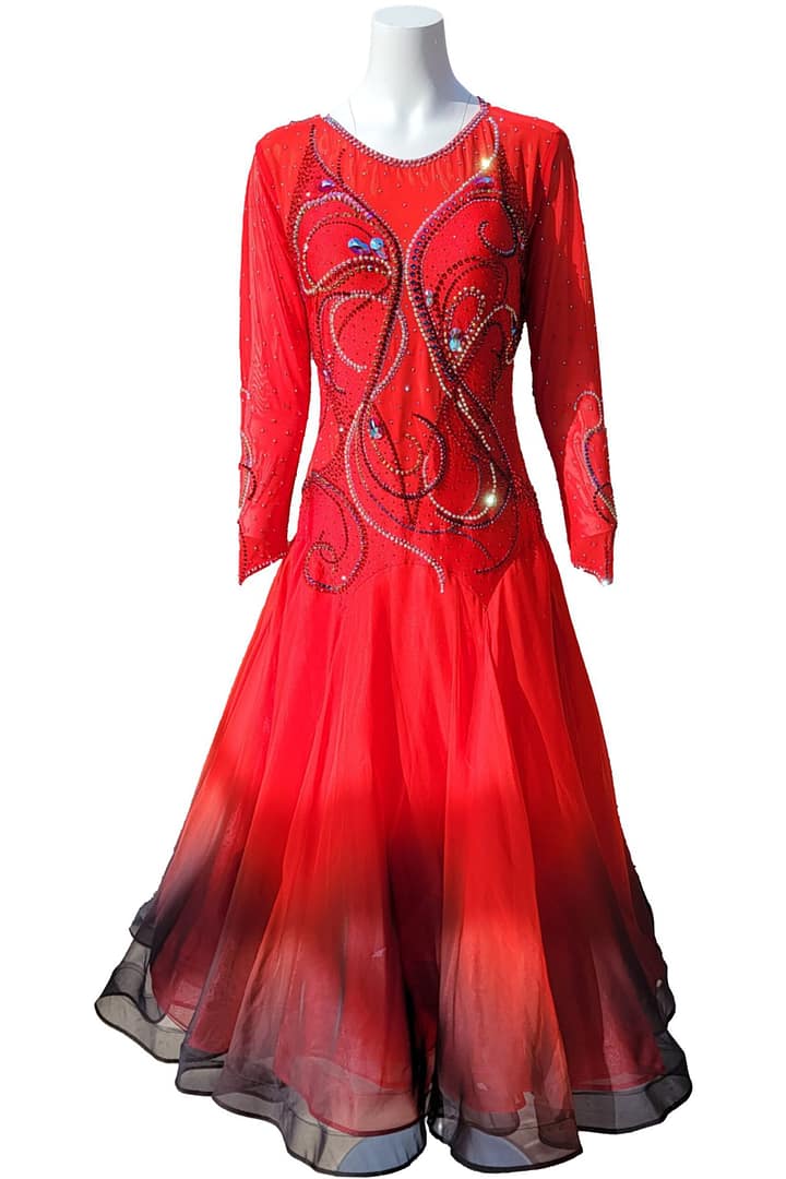Kalaida ballroom gown — front view — red bodice with crystal swirls and ombré red-to-black skirt