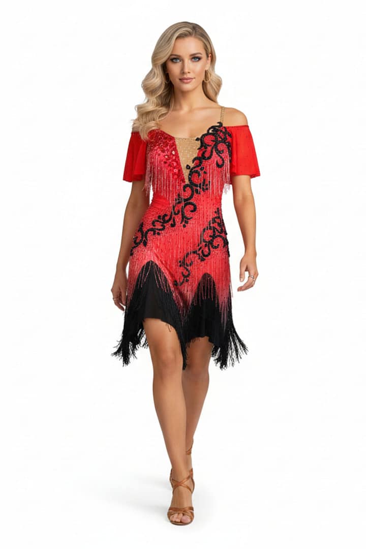 Nyla Latin dress — front view — red base, black appliqué, beaded fringe, and off-shoulder chiffon sleeves.