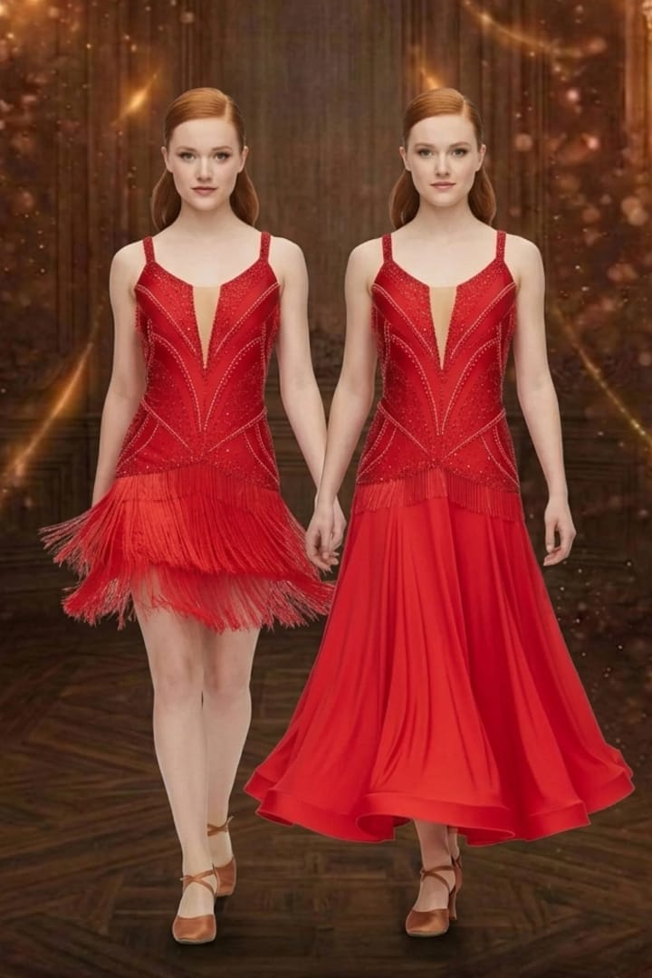 Crimson Flame - front view - Two-Way Ballroom/Latin dress shows red velvet short Latin dress with fringe and long Standard dress side-by-side.