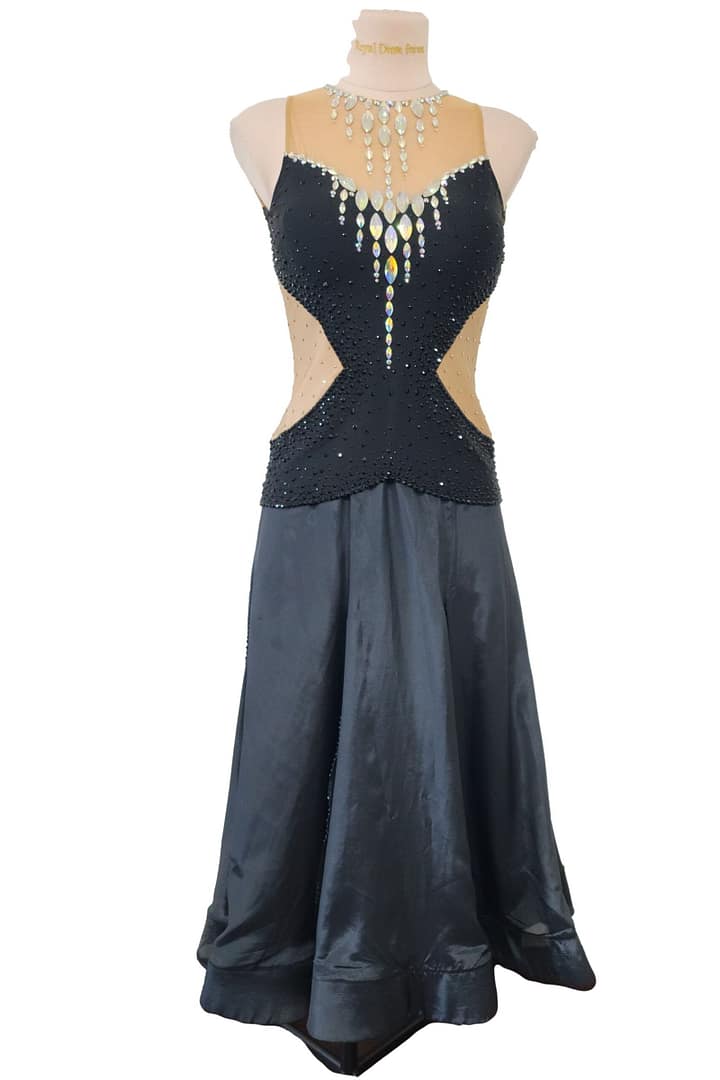 Front mannequin view of Midnight Rhythm Performance ballroom mode with black full-length skirt and crystal illusion neckline.