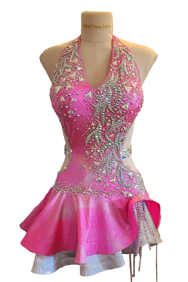 Front mannequin view of Radiant Motion Latin dress with halter neckline