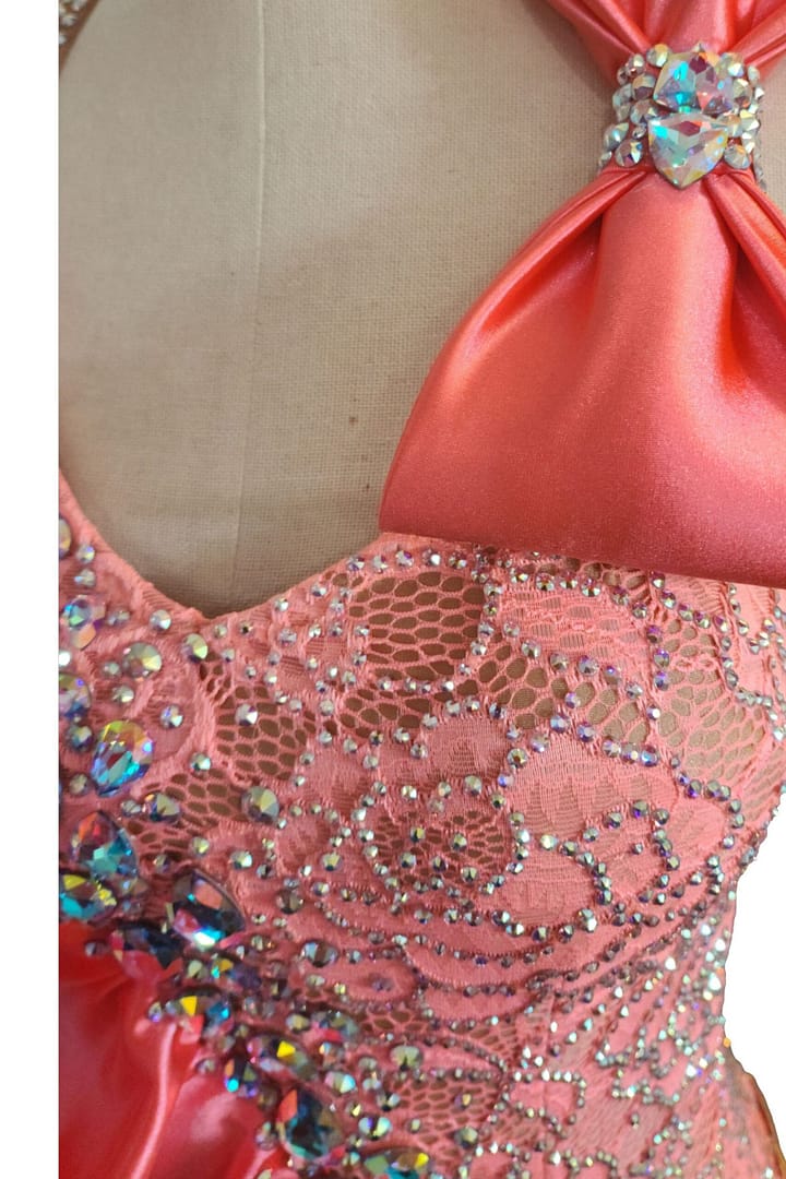 Rose Reverie bodice close-up showing crystal embellishments on blush lace fabric