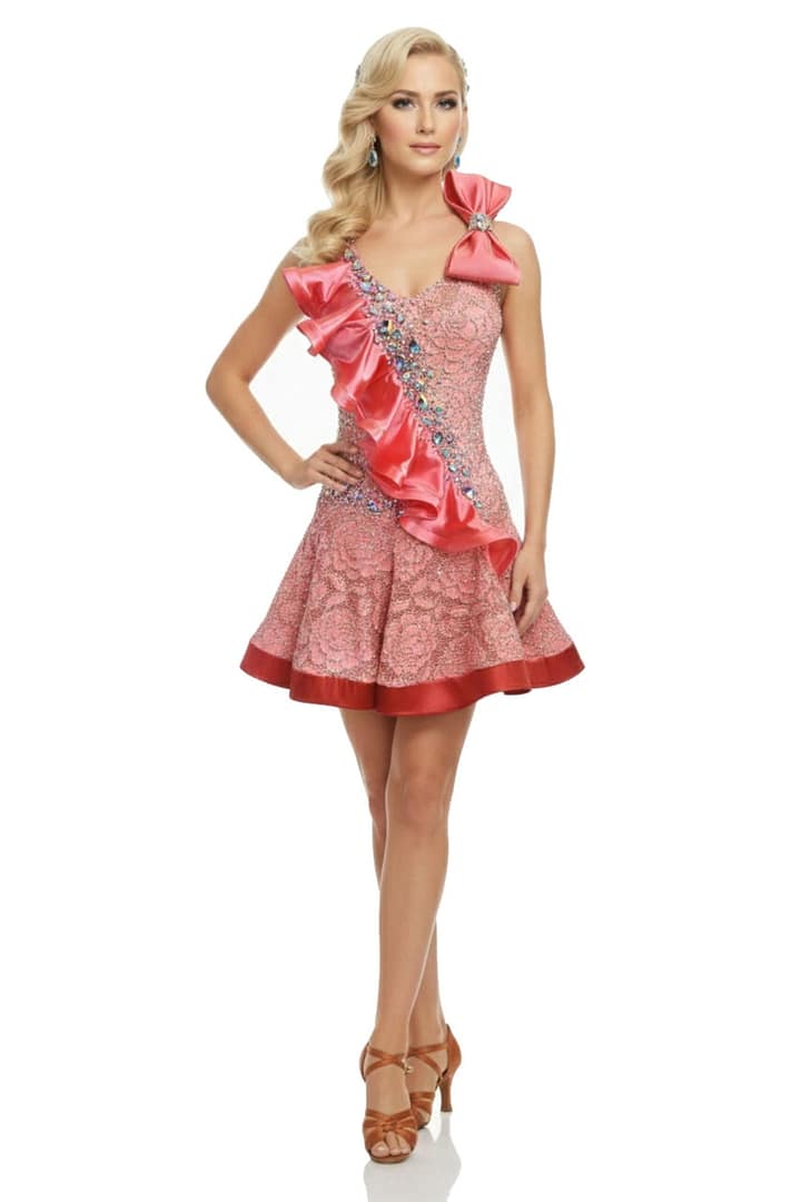 Rose Reverie front full view Latin dress with blush pink lace, crystal bodice, and satin ruffle detail