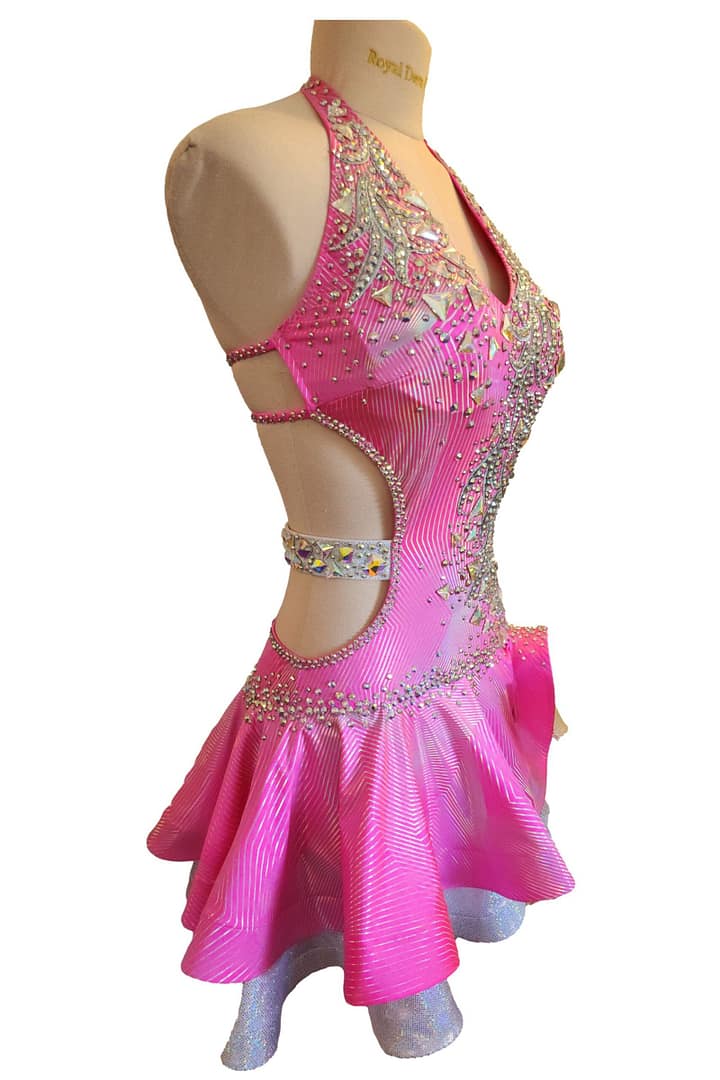 Side view of Radiant Motion Latin dress showing illusion cutouts and crystal waist band