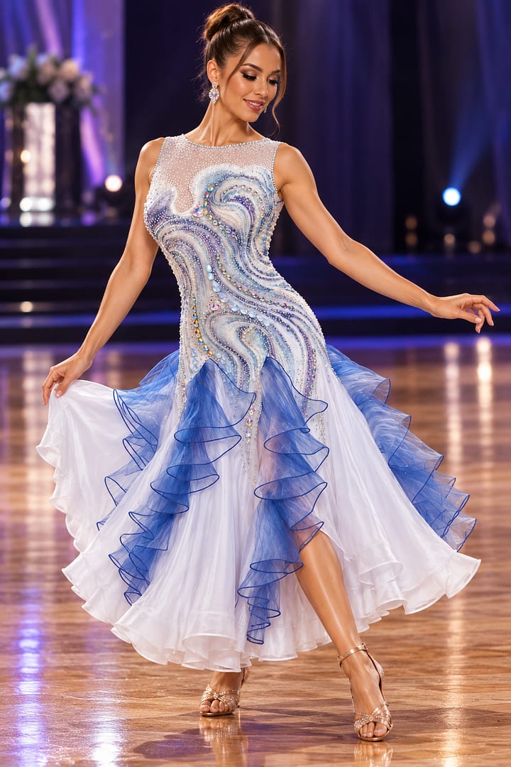 Crystal Current, a sparkling country dance dress with intricate crystal detailing, an elegant open back, and flowing blue-lilac ruffles.