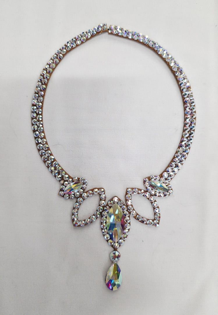 Elegant crystal statement necklace with symmetrical design and Crystal AB stones for professional ballroom dancing.