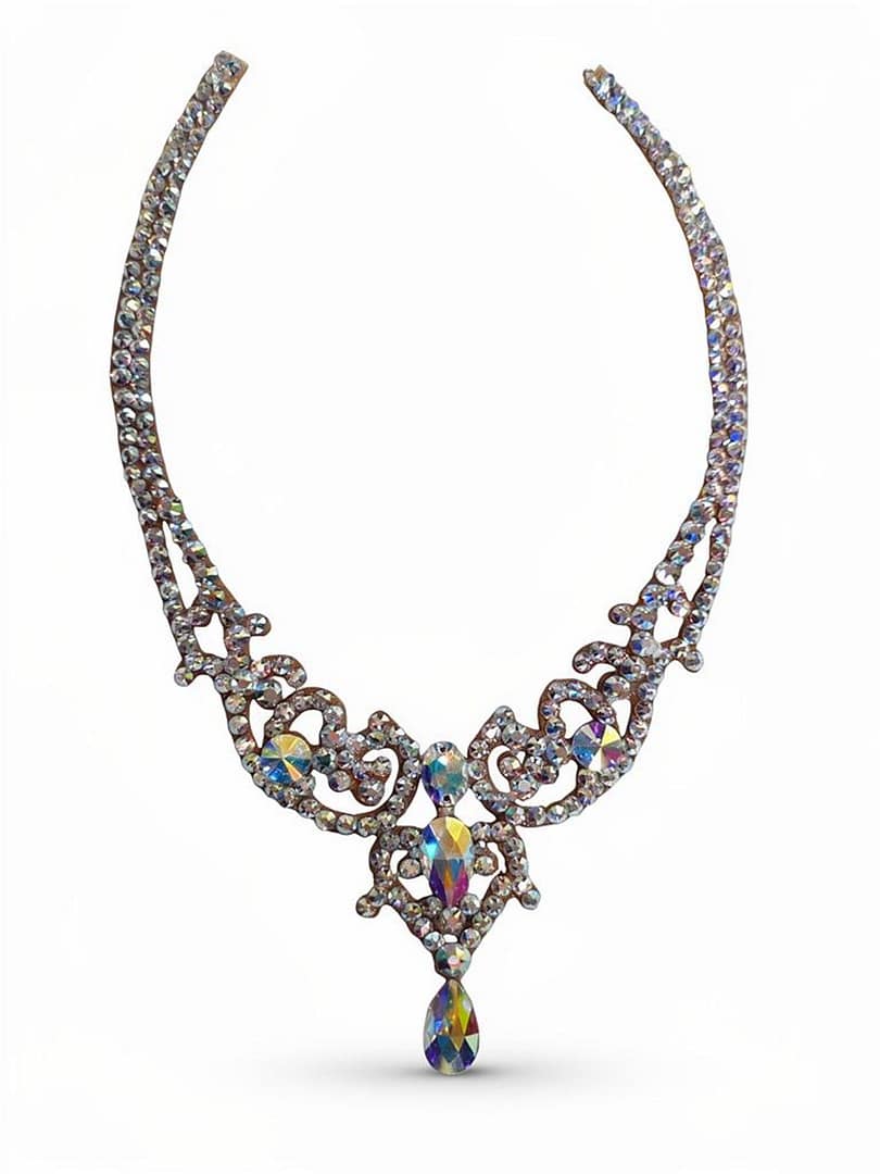Isolated crystal ballroom necklace with AB stones and teardrop pendant for professional dance competitions.