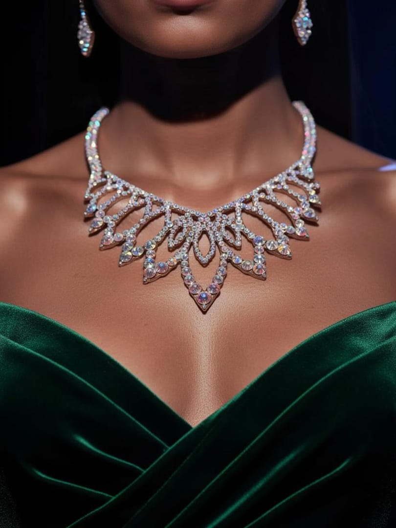 Aurora crystal ballroom necklace worn on a dancer, highlighting elegant neckline framing and stage-ready sparkle.