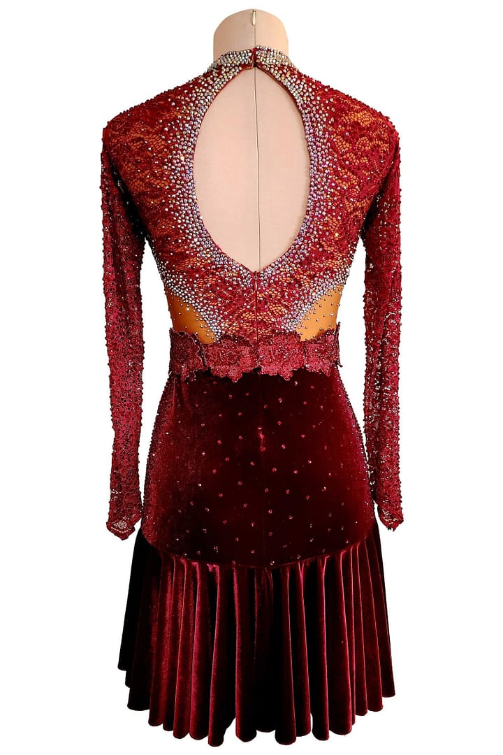 Bora Latin dress back view - open back oval cutout, velvet skirt, and lace bodice.