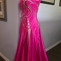 Back detail of Malibu Dream ballroom gown showing zipper and rhinestone embellishments