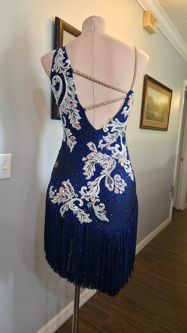 Full back view of Aurora Royale Latin ballroom dress with sparkling embellishments, crystal straps, and layered fringe movement.