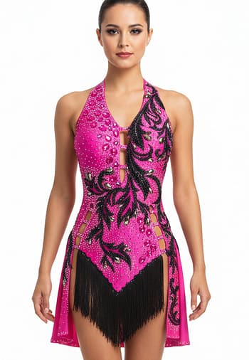 Performance – Fuchsia Dominion Latin dress worn by a model, featuring fuchsia fabric, black beaded lace, and fringe for competition movement.