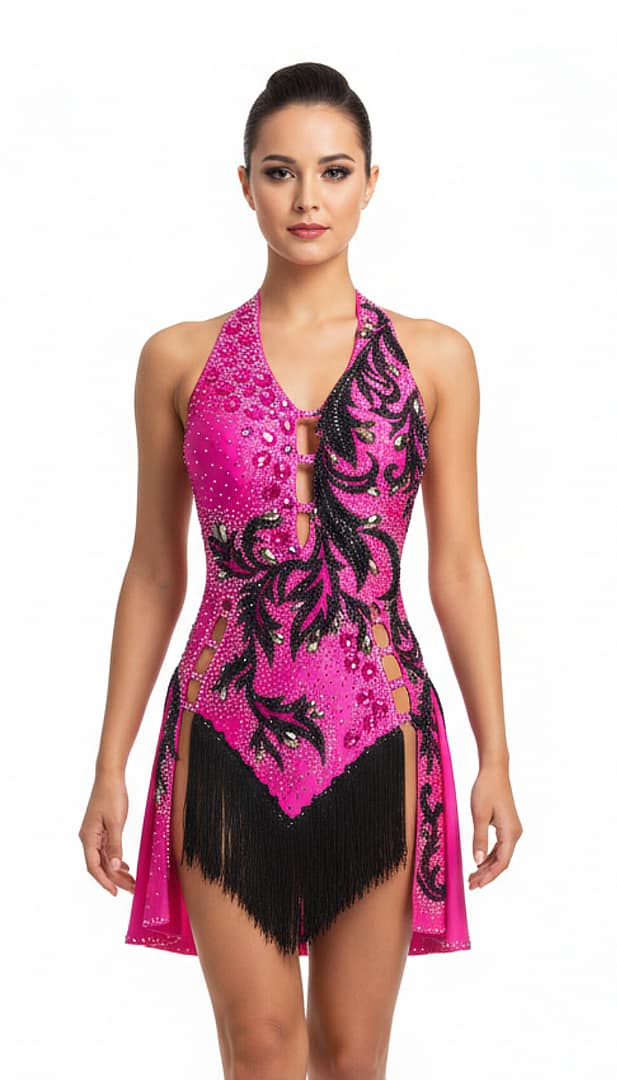 Performance – Fuchsia Dominion Latin dress worn by a model, featuring fuchsia fabric, black beaded lace, and fringe for competition movement.