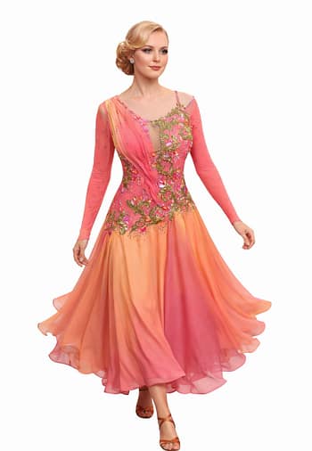 Professional dancer in the Silken Radiance gown, showing movement in the coral ombre sunburst pleated skirt.