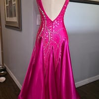 Back view of Malibu Dream ballroom gown with open back design and crystal detailing