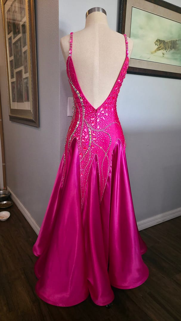 Back view of Malibu Dream ballroom gown with open back design and crystal detailing