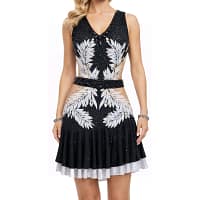 Onyx Whisper Performance Series Latin dress with black rhinestone bodice and white feather-inspired embellishments worn by model