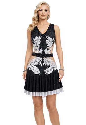 Onyx Whisper Performance Series Latin dress with black rhinestone bodice and white feather-inspired embellishments worn by model