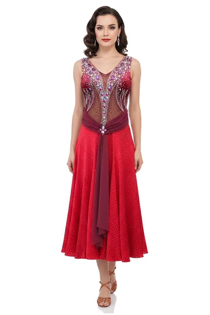Sirens Flame red Latin dress with illusion bodice and crystal embellishment