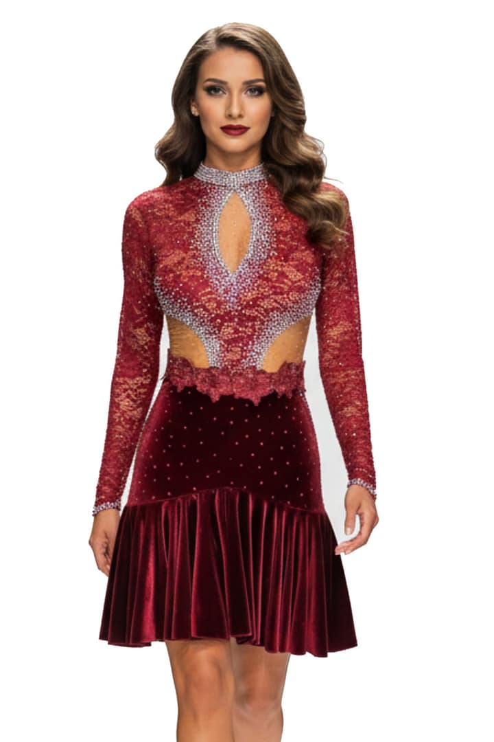 Bora Latin Dress -front view - Burgundy Latin Rhythm dress with high collar. Velvet skirt, red lace bodice with nude mesh and crystal keyhole.