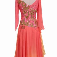 Back view of Silken Radiance ballroom dress showing V-neckline, gold scrollwork, and pink crystal stones