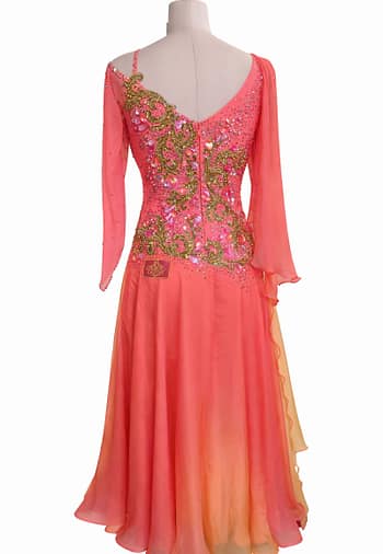 Back view of Silken Radiance ballroom dress showing V-neckline, gold scrollwork, and pink crystal stones