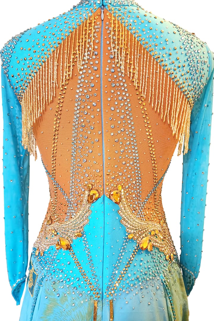 Hadley ballroom gown — back closure detail — crystal-lined zipper with gold fringe