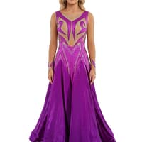 Majestic Violet ballroom dress front view in rich purple with crystal embellishments, illusion neckline, long sleeves, and flowing satin skirt
