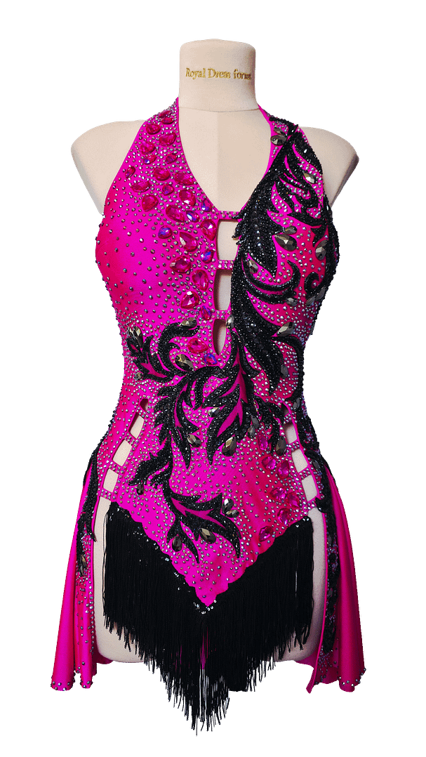 Front view of Performance – Fuchsia Dominion Latin dress displayed on a mannequin with bold fuchsia color and black lace design.