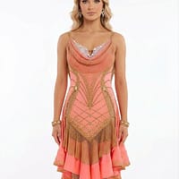 Saffron Heat Atelier Latin dress front view in coral with crystal embellishments, draped neckline, cutout sides, and layered ruffle skirt