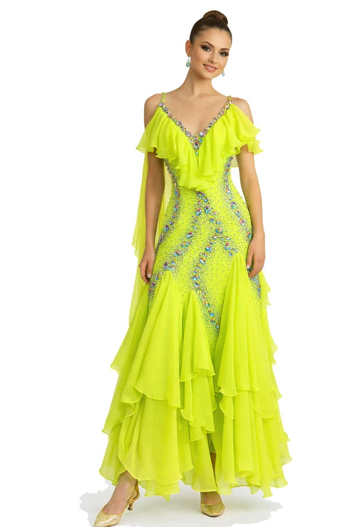 Electric Citrine Signature Series ballroom gown in vivid chartreuse with rhinestone embellishments