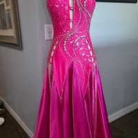 Full front view of Malibu Dream ballroom gown with vibrant pink satin skirt and crystal embellished bodice