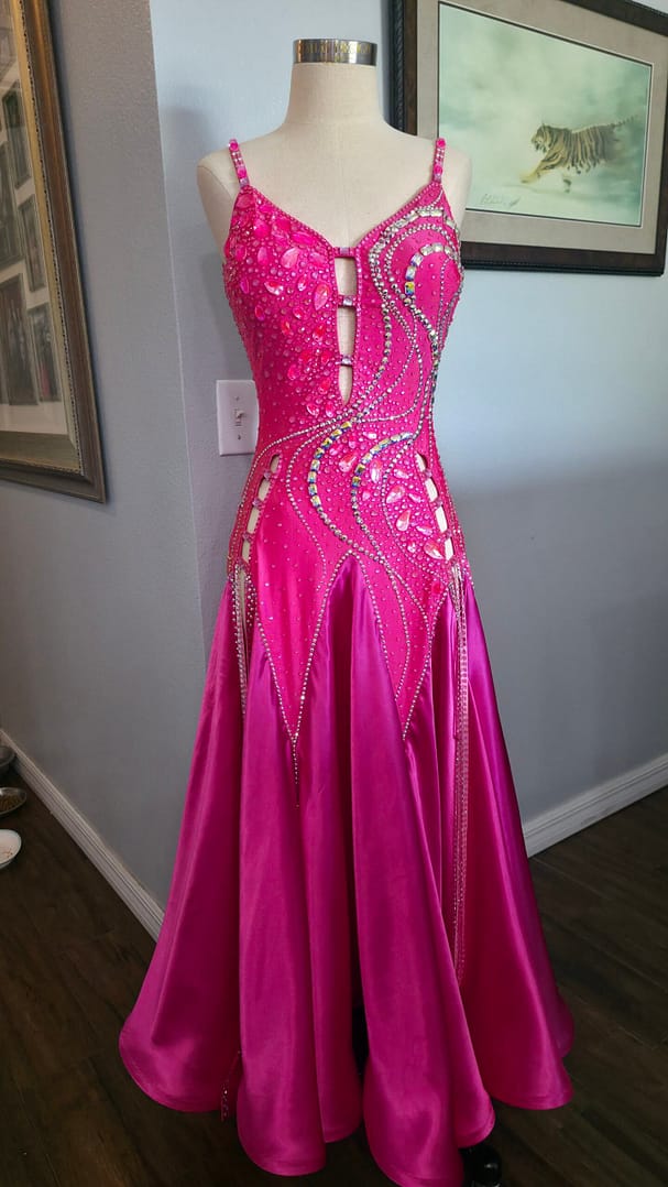 Full front view of Malibu Dream ballroom gown with vibrant pink satin skirt and crystal embellished bodice