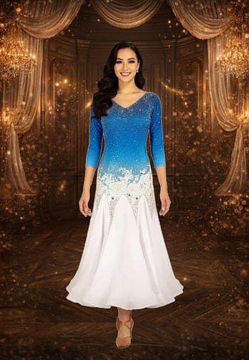 Blue fire ballroom gown — front view — A vibrant royal blue Standard dress, a cutout shoulder, and a bodice heavily embellished with clear and iridescent crystals.