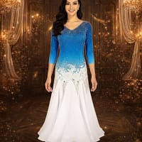 Blue fire ballroom gown — front view — A vibrant royal blue Standard dress, a cutout shoulder, and a bodice heavily embellished with clear and iridescent crystals.
