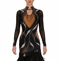 Mia Latin dress — front view — black with gold drape, multi-color crystal swirls, and sheer sleeves