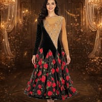 Scarlet Bloom ballroom gown — front view — A long-sleeved Standard dress with a two-tone bodice; the top-right quarter is tan mesh with crystals, and the bottom-left quarter is black velvet, separated by a diagonal line. The skirt is black sheer fabric printed with large, bright red roses.