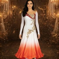 Solar Motion ballroom gown — front view — A vibrant Standard dress featuring a lemon yellow upper bodice and a black satin skirt. The black velvet appliqué with gold and clear crystals extends from the bodice down to the hips.