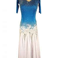 Blue fire ballroom gown — front view — Standard/Smooth gown featuring a vibrant blue bodice transitioning to white skirt, with a deeply stoned V-neckline and intricate white floral appliqué at the waistline.