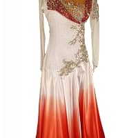 Mercedes ballroom gown — front view — A long-sleeved Standard dress with an ethereal skirt that dramatically transitions in color from pristine white at the top to a passionate red at the hem.