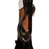 Mia Latin dress — stonework close‑up — dense arrangement of AB, gold, and vibrant multi-colored crystals