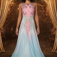 Blush Horizon ballroom gown — front view - Standard/Smooth gown in ombre from delicate white to rich light blue, featuring a sheer mesh bodice with diagonal rows of silver and AB crystal stoning.