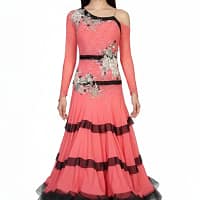 Bruna Ballroom Dress - front view - Coral ballroom gown with ruffled skirt and floral crystal appliqué